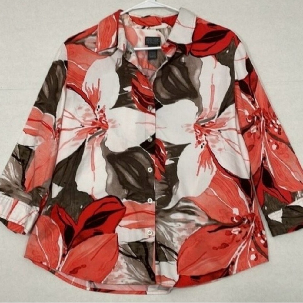 🐦‍🔥Chicos Floral Orange & Brown Collared 3/4 Sleeves Button Down Cotton Shirt. L